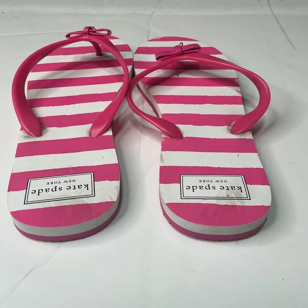 Kate Spade New York Pink & White Striped Flip Flops With Bow Accent Size 10M